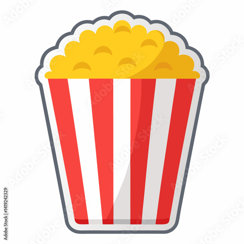 Popcorn overflowing from a red and white striped box, illustrated in a vibrant vector style.