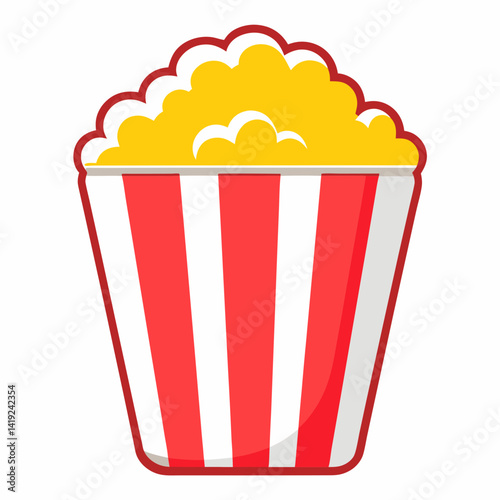 Popcorn overflowing from a red and white striped box, illustrated in a vibrant vector style.