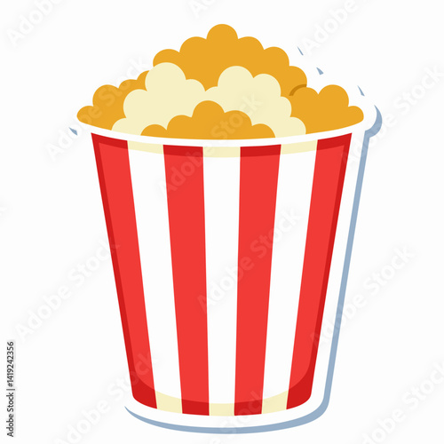 Popcorn overflowing from a red and white striped box, illustrated in a vibrant vector style.