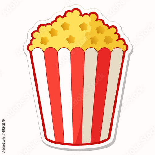 Popcorn overflowing from a red and white striped box, illustrated in a vibrant vector style.