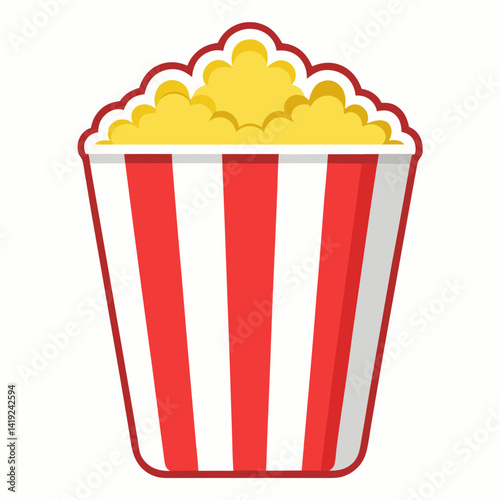 Popcorn overflowing from a red and white striped box, illustrated in a vibrant vector style.