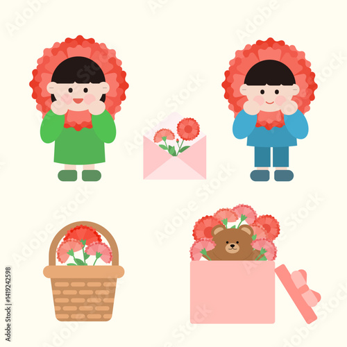 카네이션 선물을 든 귀여운 아이들
