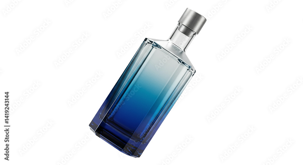 Futuristic gin bottle design, metallic silver and blue gradient glass, floating, photoreal, no branding, clean white background Futuristic gin bottle design, metallic silver and blue gradient glass, floating, photoreal, no branding, clean white background