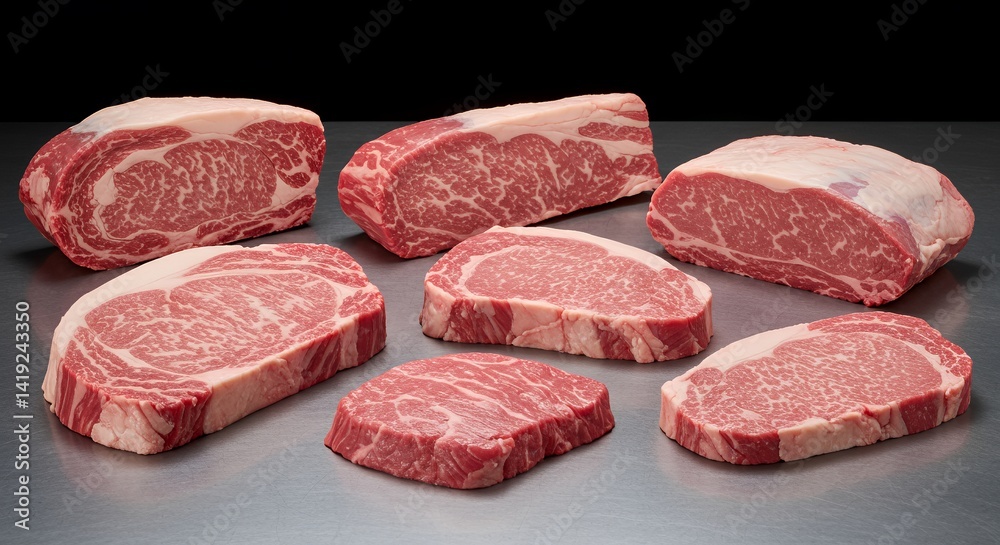 High-Angle Close-Up of Eight Pieces Raw Marbled Red Meat on Gray Surface High-Angle Close-Up of Eight Pieces Raw Marbled Red Meat on Gray Surface