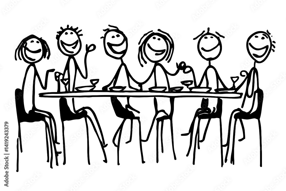 Happy Friends Enjoying a Meal Together at a Long Table Happy Friends Enjoying a Meal Together at a Long Table
