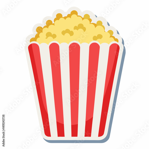 Popcorn overflowing from a red and white striped box, illustrated in a vibrant vector style.