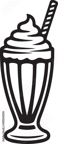 classic milkshake dessert glass silhouette, creamy ice cream vector icon, vintage milkshake cup