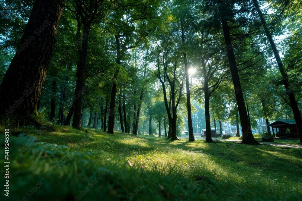 Fototapeta premium Sunlight Shining Through Trees in Lush Green Forest Landscape