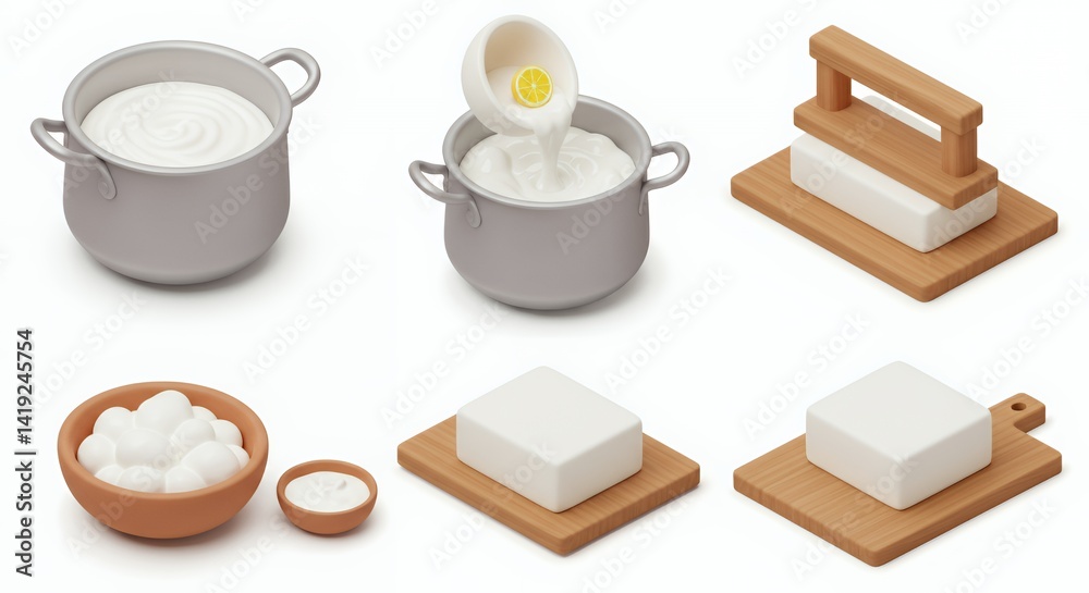 Isometric 3D Rendering of Paneer Making Process: Step-by-step Guide from Milk to Cheese