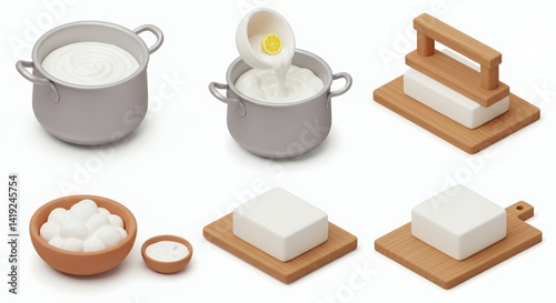 Obraz na płótnie Isometric 3D Rendering of Paneer Making Process: Step-by-step Guide from Milk to Cheese w salonie