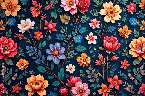Intricate floral textile design, repeating motif, bright, print, illustration