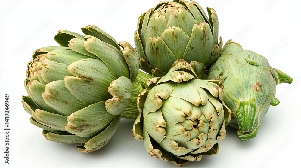 Obraz premium Fresh green artichoke isolated on a neutral background, showcasing its natural texture, vibrant color, and organic detail, perfect for healthy food, nutrition, vegetarian, and culinary design concepts