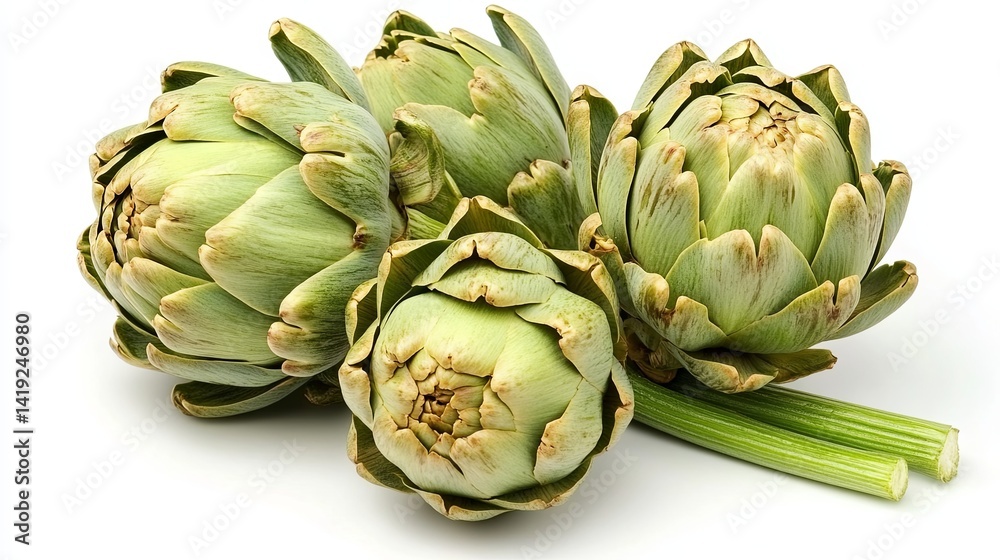 Obraz premium Fresh green artichoke isolated on a neutral background, showcasing its natural texture, vibrant color, and organic detail, perfect for healthy food, nutrition, vegetarian, and culinary design concepts