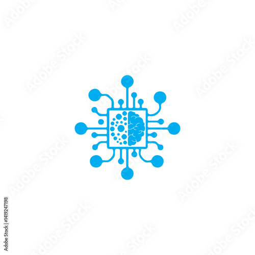 AI brain chip logo with neural circuit lines extending outward. The design merges a brain and a microchip, symbolizing artificial intelligence, machine learning, deep learning, and neural networks. Pe