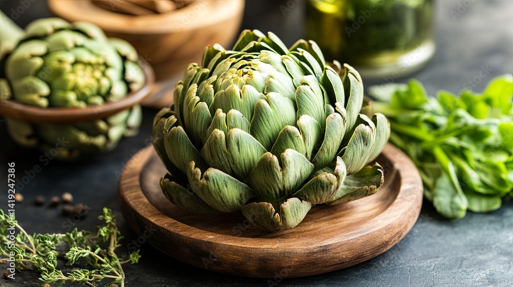 Obraz premium Fresh green artichoke isolated on a neutral background, showcasing its natural texture, vibrant color, and organic detail, perfect for healthy food, nutrition, vegetarian, and culinary design concepts