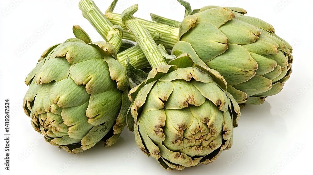 Obraz premium Fresh green artichoke isolated on a neutral background, showcasing its natural texture, vibrant color, and organic detail, perfect for healthy food, nutrition, vegetarian, and culinary design concepts