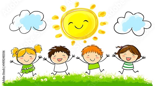 Happy Children Playing in Sunny Field Cartoon Illustration