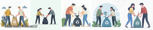 Vector collection of a man and woman picking up and collecting garbage into garbage bags
