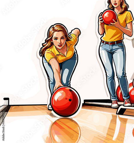  A young woman in a bright yellow shirt leans forward to release a glossy red bowling ball on a polished wooden bowling lane