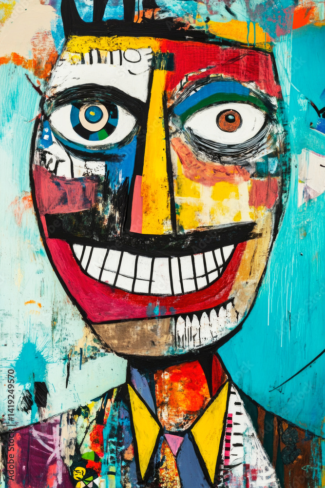 Obraz premium Contemporary art collage of happy man with colourful brush strokes over green background, Illustration poster, Eclectic style