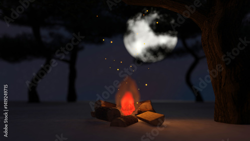 A camp fire on sand ground with star field in full moon night (3D Rendering)