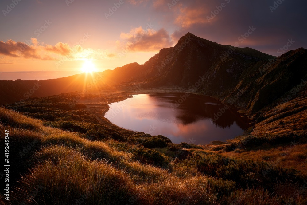 Fototapeta premium Dramatic Mountain Lake at Golden Sunset with Grassy Hillside View