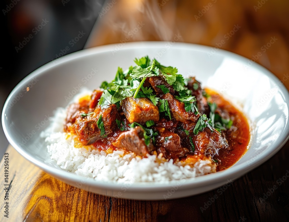 Steaming plate of red curry with beef, rice, and cilantro garnish Steaming plate of red curry with beef, rice, and cilantro garnish