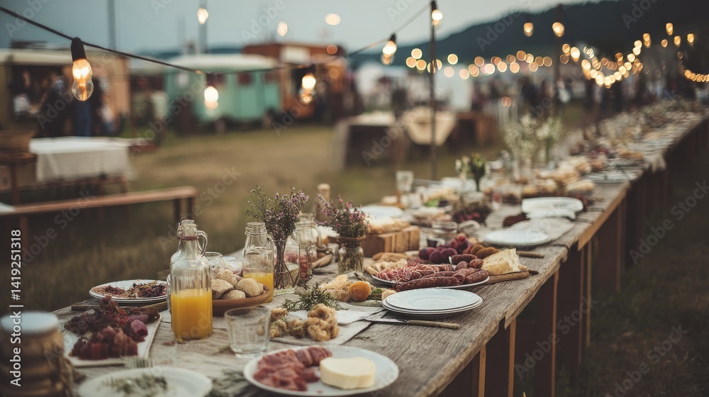 Fototapeta premium Grazing Table in a Field with Fruits, Vegetables, Charcuterie, and Colorful String Lights in a Summery Atmosphere
