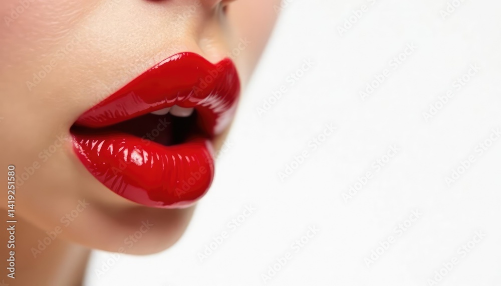 Obraz premium Close-up vibrant red lipstick, pristine white backdrop, lips, vibrant