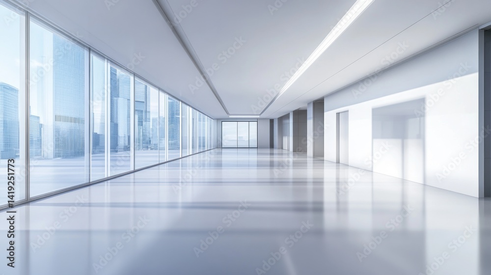 Obraz premium Modern Spacious Office Corridor with City View