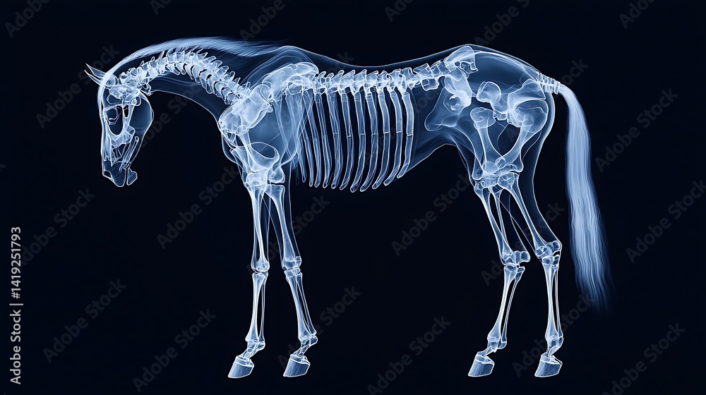 Fototapeta premium An x-ray image of a horse displaying its skeletal structure against a dark background, illustrating the anatomy and bone arrangement of the animal.
