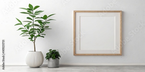 Minimalist Mockup Wood Frame, Plants, White Wall, Interior Design, Modern Decor, Plants in Pots, Home Decor Keywords Mockup