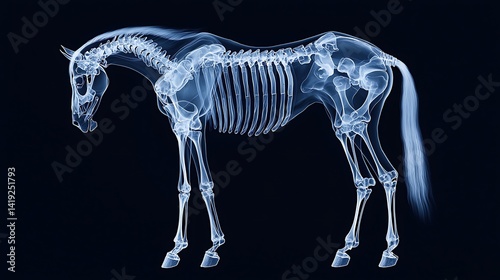 An x-ray image of a horse displaying its skeletal structure against a dark background, illustrating the anatomy and bone arrangement of the animal.