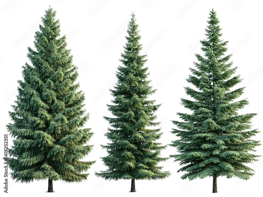 Obraz premium Three Majestic Evergreen Trees Isolated on Black Background: A Trio of Coniferous Giants