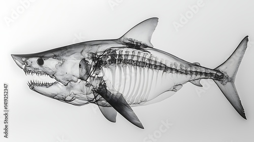 An x-ray image of a shark, showcasing its skeleton and internal structures, illustrating the anatomy of this marine predator.