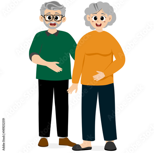 Old man and woman with glasses standing or walking hand in hand. Old couple with gray hair. Family concept
