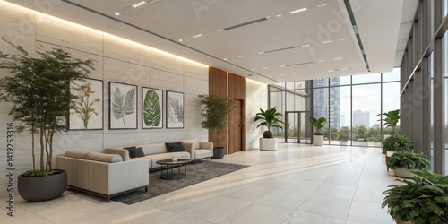 Modern Lobby Design Minimalist Composition, Greenery and City View, Interior Design, Office Space Lobby Design, Modern Interior
