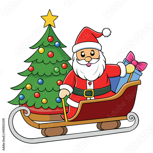 Santa Claus Riding in His Sleigh with a Christmas Tree and Gifts