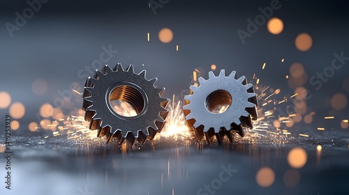 Two metallic gears grinding against each other with immense pressure causing intense friction sparks in an industrial mechanical setting