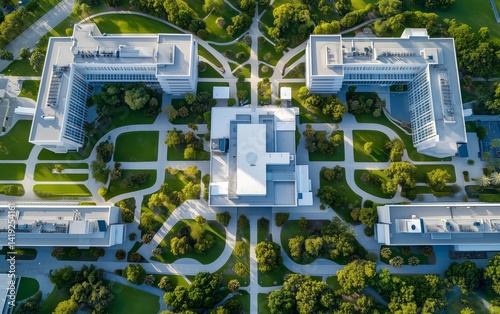 Aerial View of a Modern University Campus with Lush Landscaping , aerial shot drone photo series