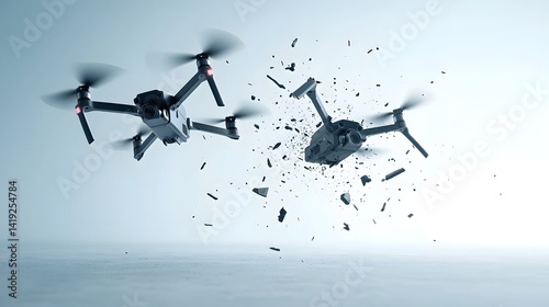 Dramatic midair collision between two drones breaking apart into fragments with a sense of chaos and motion