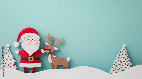 Cute paper craft Santa Claus and reindeer standing in snowy landscape with Christmas trees on pastel blue background