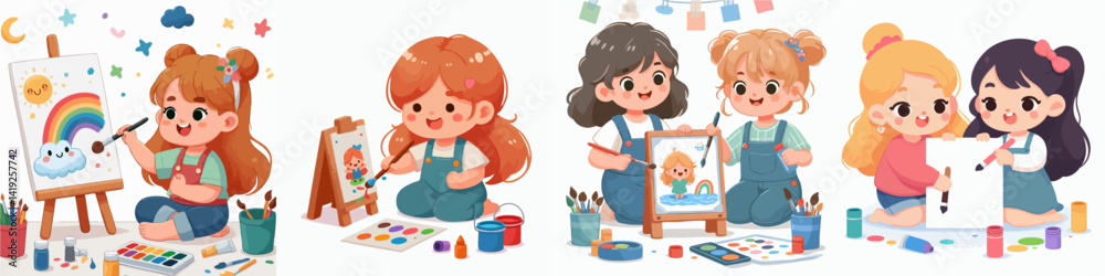 Vector collection of cute and happy girls playing together painting pictures on paper Vector collection of cute and happy girls playing together painting pictures on paper