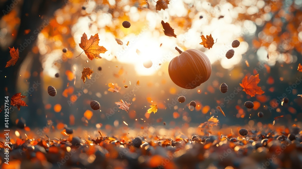 Autumnal levitation: A pumpkin amidst falling leaves and acorns in golden light