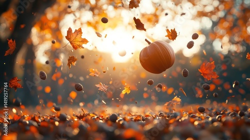 Obraz na płótnie Autumnal levitation: A pumpkin amidst falling leaves and acorns in golden light w salonie