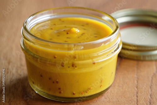 Homemade honey mustard sauce in a glass jar