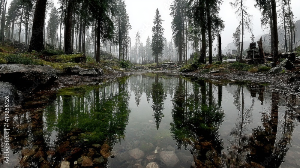 Obraz premium A forest lake reflects both lush greenery and deforested land, showing stark contrast in environmental impact.