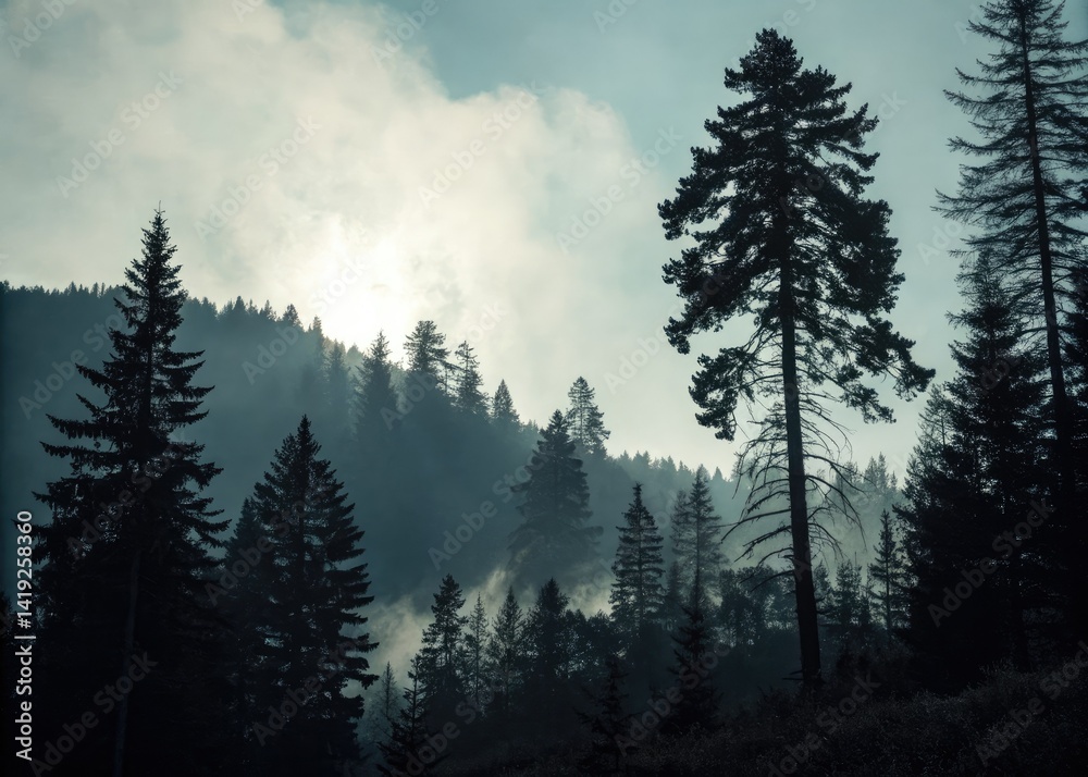 Obraz premium Mystical dark woods shrouded in fog, vintage-styled nature photography; eerie silhouettes against a bright sky.