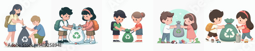 Vector collection of little boys and girls picking up and collecting trash into trash bags