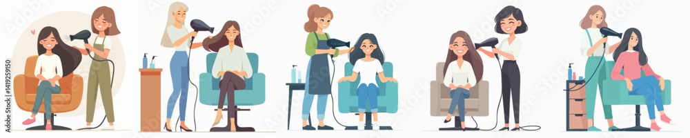 Vector collection of a female Hairdresser drying her smiling client's hair with a hair dryer while sitting in a chair Vector collection of a female Hairdresser drying her smiling client's hair with a hair dryer while sitting in a chair